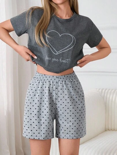 SHEIN 100%Cotton PETITE Heart & Slogan Graphic Tee Short Sleeve & Shorts Pajama Set Sleepwear Women Summer Lounge Short Sets For Women Pajama Set For Woman Cotton Women Pajama Shorts Set Homewear Women Pijama Set For Woman 100 Cotoon Sleep Wear Women Summer
