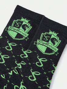 HARRY POTTER X SHEIN 1 双女士徽章菱形格纹中筒袜 - 黑色 - 查看 3