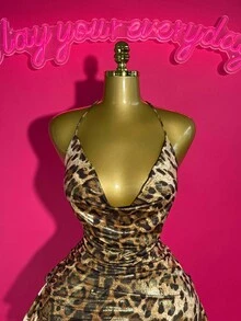 Slaydiva 2025初夏秋季新波西米亚音乐节,乡村风,洋气,海边度假,休闲,个性,前卫,派对,可爱甜美,千禧,千禧,性感,辣妹,日常派对,夜店风,摆领,交叉绑带,大露背,侧褶,侧褶,斜摆,大小豹纹渐变亮棕金色针织迷你连衣裙女迷你连衣裙-B,女士派对礼服,猎豹印花连衣裙 - 金色 - 查看 9