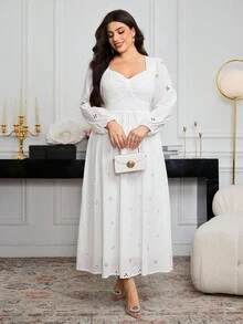 Modelyn Plus Size Women Hollow Embroidered Solid Color Slimming Elegant Dress Fall Cloth For Women - White - View 5