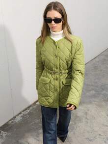 Aveloria Modichic Commuting Casual Diamond Pattern Stitched Metal Buckle Waist Belt, Slimming Women's Padded Padded Coat Clothes Winter  - Green - View 3