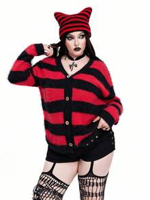 Whyspr 哥特朋克万圣节哥特式黑红条纹加大码开衫 - 彩色 - 查看 4