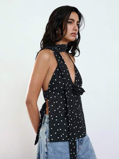 SHEIN Maija Women's Black And White Polka Dot Draped Neck Flowy Tank Top,Summer Elegent Night Out Wedding Guest Chic Retro Lyocell Lightweight Casual Wear
