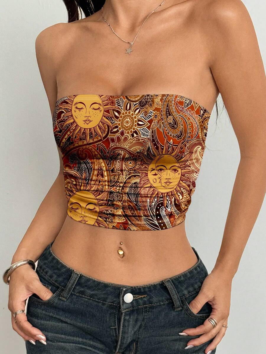 SHEIN EZwear 休闲简约褶皱紧身垃圾摇滚风格腰果花和佩斯利复古印花抹胸,适合夏季、度假、音乐节 - 彩色 - 查看 1