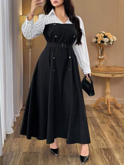 Auvina 大码女式拼接条纹长袖双排扣优雅连衣裙