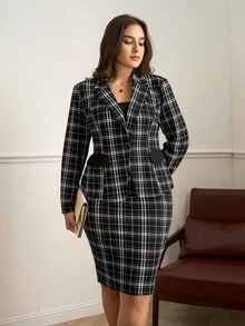 SHEIN Clasi 大码女式黑白格子西装套装、女式秋季服装、女式冬季服装、外出服装、外出服装、女式工作服、女式办公室服装、商务职业女性、女式办公室服装、女式加大码办公室服装、秋季女式工作服、女式格子西装套装、格子西装外套裙套装、女式西装套装、女式西装套装、女士格子套装、格子 - 黑與白 - 查看 4