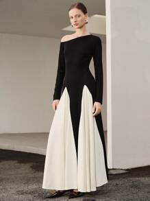 Uhlyne Women's Autumn Knitted Dress With Color Blocking, Asymmetric Off-Shoulder Design, Minimalist Style, Suitable For Casual, Work, And Wedding Guest Occasions-Elegant And Sophisticated. Fall Cloth For Women