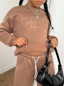 Tween Girl Round Neck Solid Color Dropped Shoulder Loose Letter Embossed Sweatshirt Set