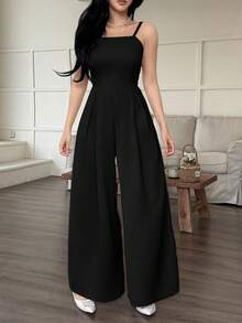 MYSTAURA Damen Sommer Lässig Alltag Pendler einfarbig gefalteter weiter Beinschlitz Jumpsuit - Schwarz - Übersicht 6