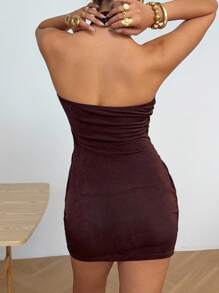 SHEIN EZwear Women's Metal Buckle Decor Fitted Mini Knit Dress - Brown - View 2