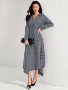 Heiryn Váy đi làm thường ngày viền bất đối xứng sọc đen dành cho nữ - Xám - Xem 3