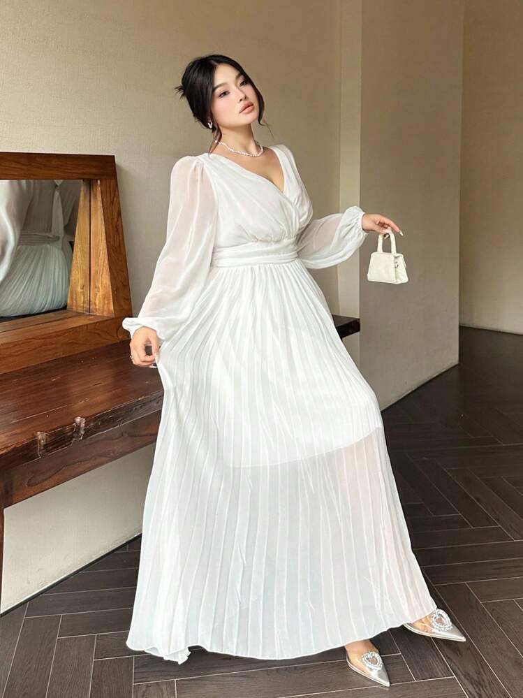 Vibekara Romantyczna, długa, zwiewna sukienka z dekoltem w serek i odkrytymi plecami, elegancka, biała suknia w greckim stylu bogini - Biały - Zobacz 3