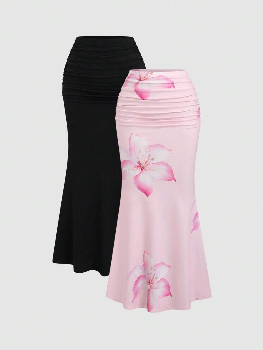 Sweetra 2 件套女士优雅派对纯色美人鱼裙和花卉印花裙套装 - 粉色 - 查看 1