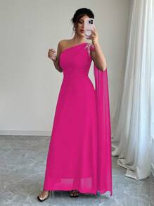 Rafferiza Women's Elegant Luxury Mesh One Shoulder Dress With Gold Embroidery Applique, A-Line Summer Dress Powdered Rose - Hot Pink - View 3