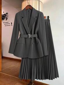 Ellevyn Bộ vest blazer thanh lịch và chân váy xếp ly cho nữ, phù hợp cho việc đi lại hàng ngày, hoạt động ngoài trời và nhiều dịp khác nhau, mùa thu - Xám - Xem 2