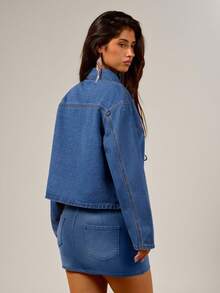 Avantive Women's Aqua Blue Tie Front Denim Jacket,Casual Everyday Autumn Western Wear,Y2k 90S Vintage Streetwear For Country Concert,Back To School&Vacation - Medium Wash - View 2