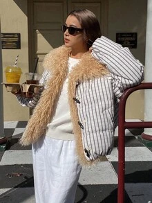 DAZY Abrigo acolchado con cuello de piel, solapa a cuadros, holgado y grueso, forrado de felpa para mujeres, ropa de invierno para mujeres en otoño/invierno - Blanco y Negro - Ver 5