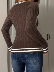 SHEIN EZwear 大码 V 领拼布长袖休闲毛衣 - 棕色 - 查看 2