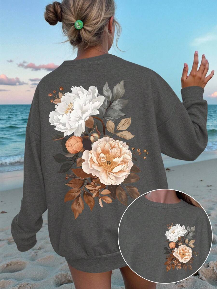 DrmWander Große Größen Blume Muster Loose Sweatshirt, Herbst