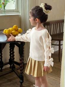 LMoss Kids LMoss Young Girl Solid Color Round Neck Bow Decor Casual Sweater, Fall Sweaters, Young Girl Fall Clothes Stitich Winter - White - View 4
