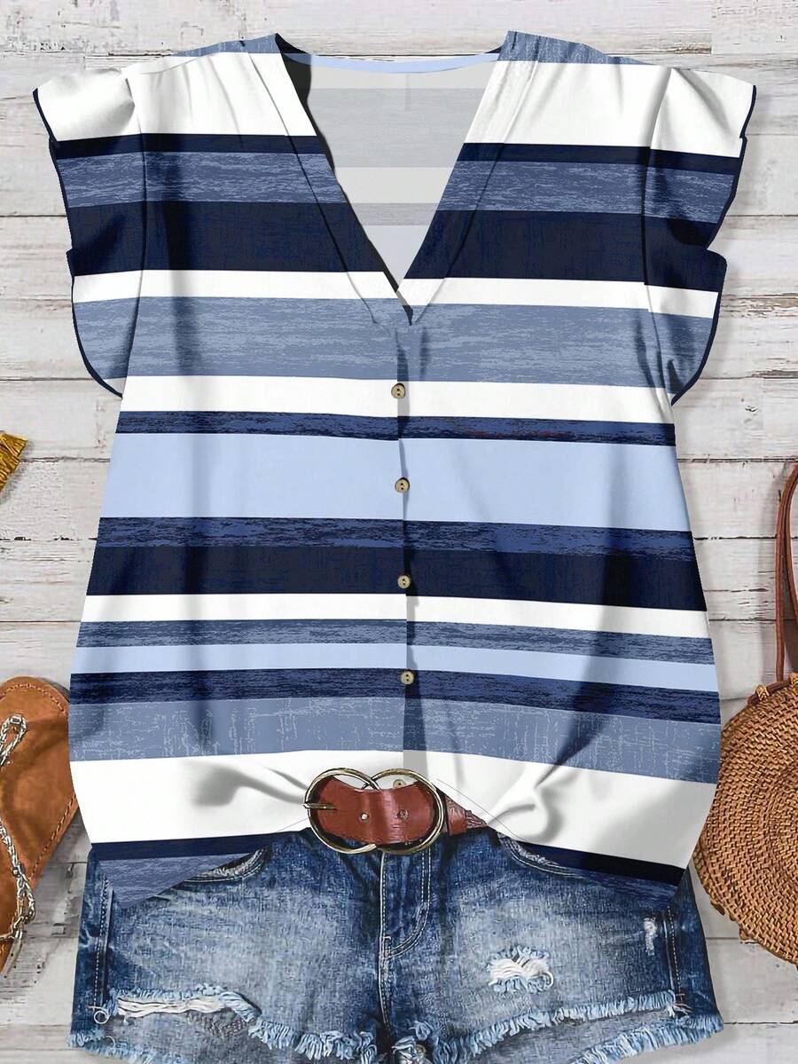 SHEIN LUNE Women's Navy Striped Casual Blouse, Comfortable And Versatile, Suitable For Summer And Commuting Chic Blouses For Women - Multicolor - View 1