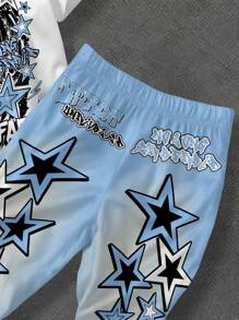 SHEIN 两件套男婴休闲时尚个性化头像及标语印花圆领T恤搭配星形印花喇叭裤，适合夏季和秋冬季穿着。 - 彩色 - 查看 4