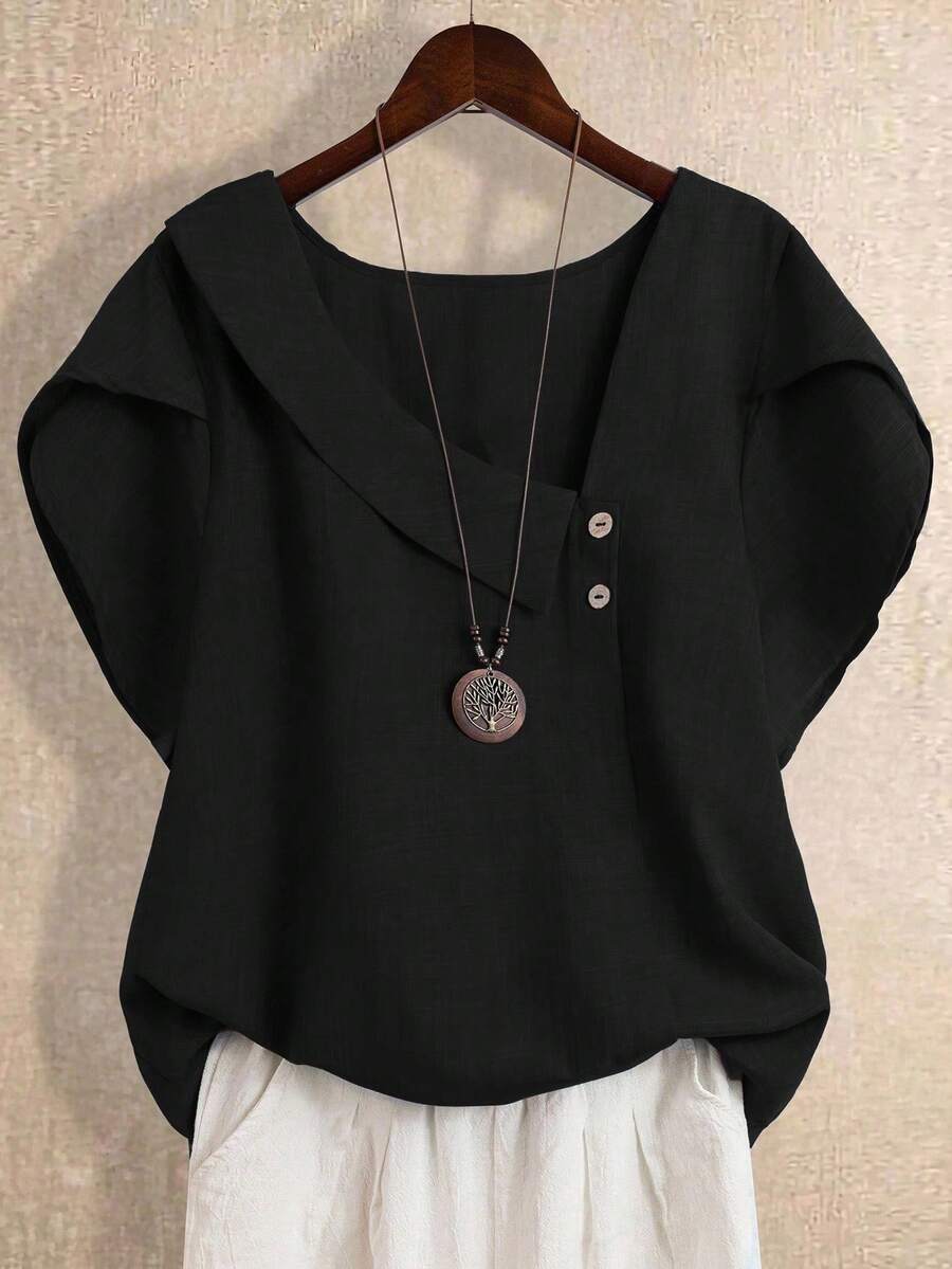 Linhara Plus Size Women's Casual Solid Color Button-Up Shirt - Black - View 1