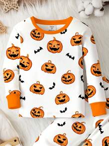 SHEIN Young Boy White Halloween Pajama Set,Cute Pumpkin Head Little Bats Pattern Snug Fit Long Sleeve Crew Neck - Multicolor - View 5