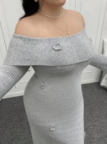 SHEIN EZwear 大码女式 3D 花卉装饰露肩长袖休闲针织连衣裙秋冬女装 - 灰色 - 查看 4