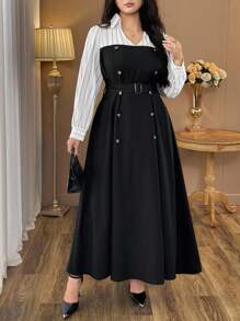 Auvina Plus Size Women's Patchwork Striped Long Sleeve Double-Breasted Elegant Dress