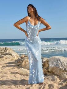 Opulessa 女士纯色串珠露背连衣裙