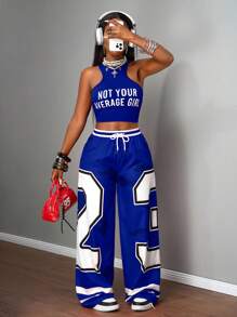 Slaydiva New Summer Casual Screenshots Sexy Sports Style Ball Suit Round Neck I-Shaped Vest Slogan Logo White Letter Print Truncated Red Vest + Wide-Leg Pants Trousers 23 Numbers Red Camouflage Striped Print Woven Pants Ladies Two Pieces Suit-B - Blue - View 8