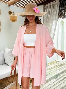 EURMUSE Women Pink Kimono And Short Two Pieces Set Women S Summer Set Women Summer Outfits Summer Outfits For Women Women Summer Clothes Women Two Piece Outfits Women Outfit Sets Summer - Pink - View 3