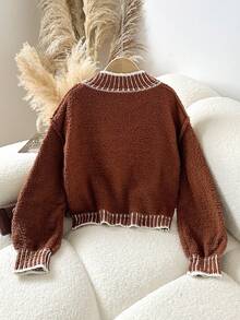 Sparklyn 1pc Girls' Contrast Trim Turtleneck Lantern Sleeve Short Knit Pullover Sweater, Versatile Casual Wear For Autumn/Winter Teen Girl Sweater Brown Sweater Fall Sweaters Tween Sweater Kids Sweater Fall Sweaters Kids Sweater For Tweens Kids Brown Sweater - Brown - View 2