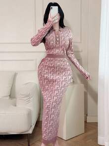 Feyla 女式几何图案领扣设计毛衣和长款针织中裙两件套，适合秋冬两件套 - 粉色 - 查看 3