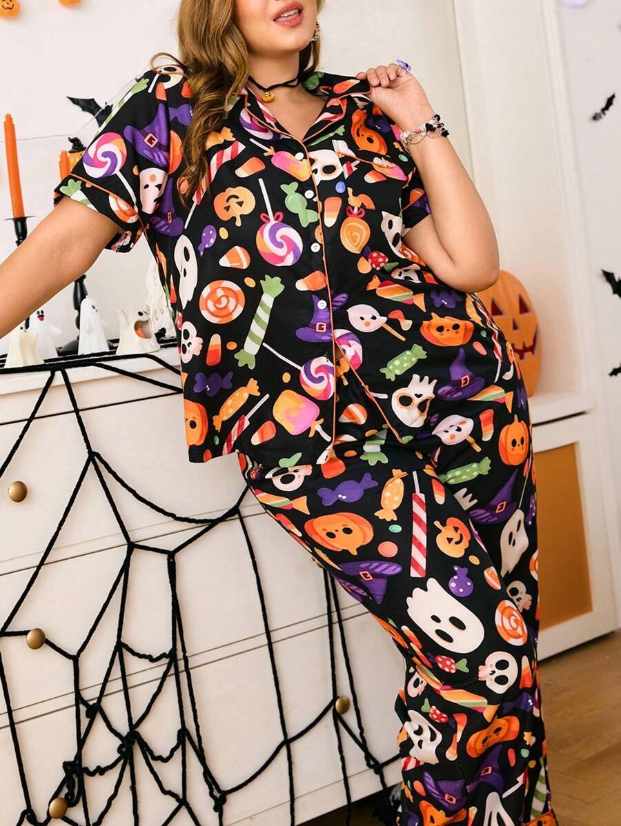 Chillnights Plus Size Candy Pumpkin Halloween Print Pajama Set - Multicolor - View 1