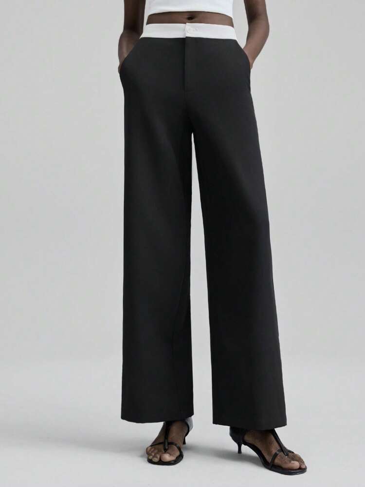 2025 New, Autumn/Winter Apparel, All Season Wear, Winter, Back To School Looks, Halloween & Christmas, Women's Teacher Attire, Outgoing, Women's Business Casual, All-Match Versatile Fashion Colorblock Waistband Straight Leg Suit Pants