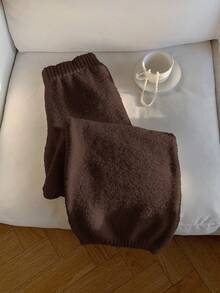 SHEIN EZwear Quần len thoải mái màu trơn có túi dành cho nữ vào mùa thu/đông - Cà phê nâu - Xem 5