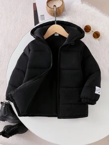 Genkimix Kids 男童纯黑色连帽拉链派克大衣，简约设计，带大帽子，冬季外套 - 黑色 - 查看 4