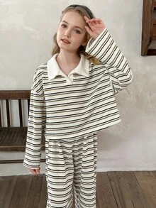 LMoss Kids 2件套青少年女孩条纹针织休闲运动衫和宽松长裤套装 - 彩色 - 查看 5