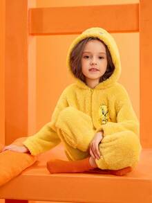 LOONEY TUNES X SHEIN 小女孩卡通刺绣黄色毛绒拉链长袖连帽毛绒连体裤