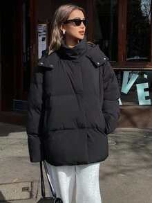 DAZY Jaket Wanita Model Fleece Tebal Longgar Warna Polos dengan Tudung untuk Musim Gugur/Musim Dingin - Hitam - View 11
