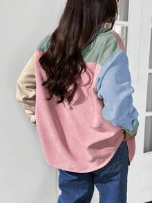 SHEIN EZwear 休闲多色落肩夹克，带口袋和衣领，适合日常穿着，灯芯绒夹克，女士夹克，秋冬拼色夹克 - 彩色 - 查看 2