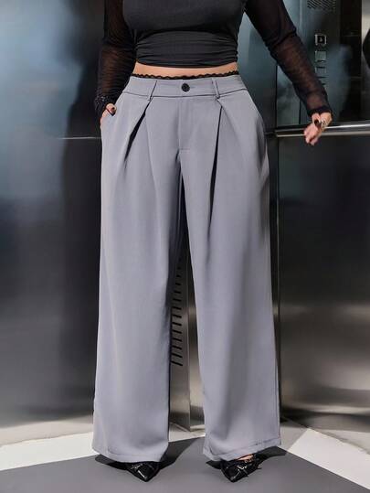 SHEIN EZwear Plus Size Women Plain Lace Pleated Wide Leg Loose Pants
