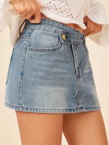 Coeurva Jupe courte en jean mini décontracté avec poches asymétriques à la taille pour femmes - Bleu azur - Voir 7