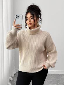 Elenzga Plus Size Women's Solid Color High Neck Dropped Shoulder Long Sleeve Casual Loose Sweater Fall Winter Cloth For Women Autumn - Apricot - View 1