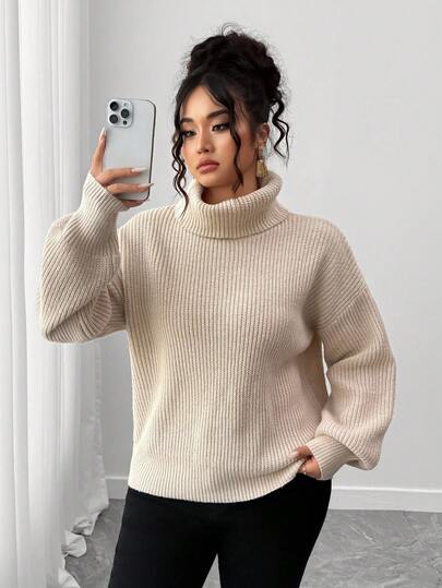 Elenzga Plus Size Women's Solid Color High Neck Dropped Shoulder Long Sleeve Casual Loose Sweater Fall Winter Cloth For Women Autumn