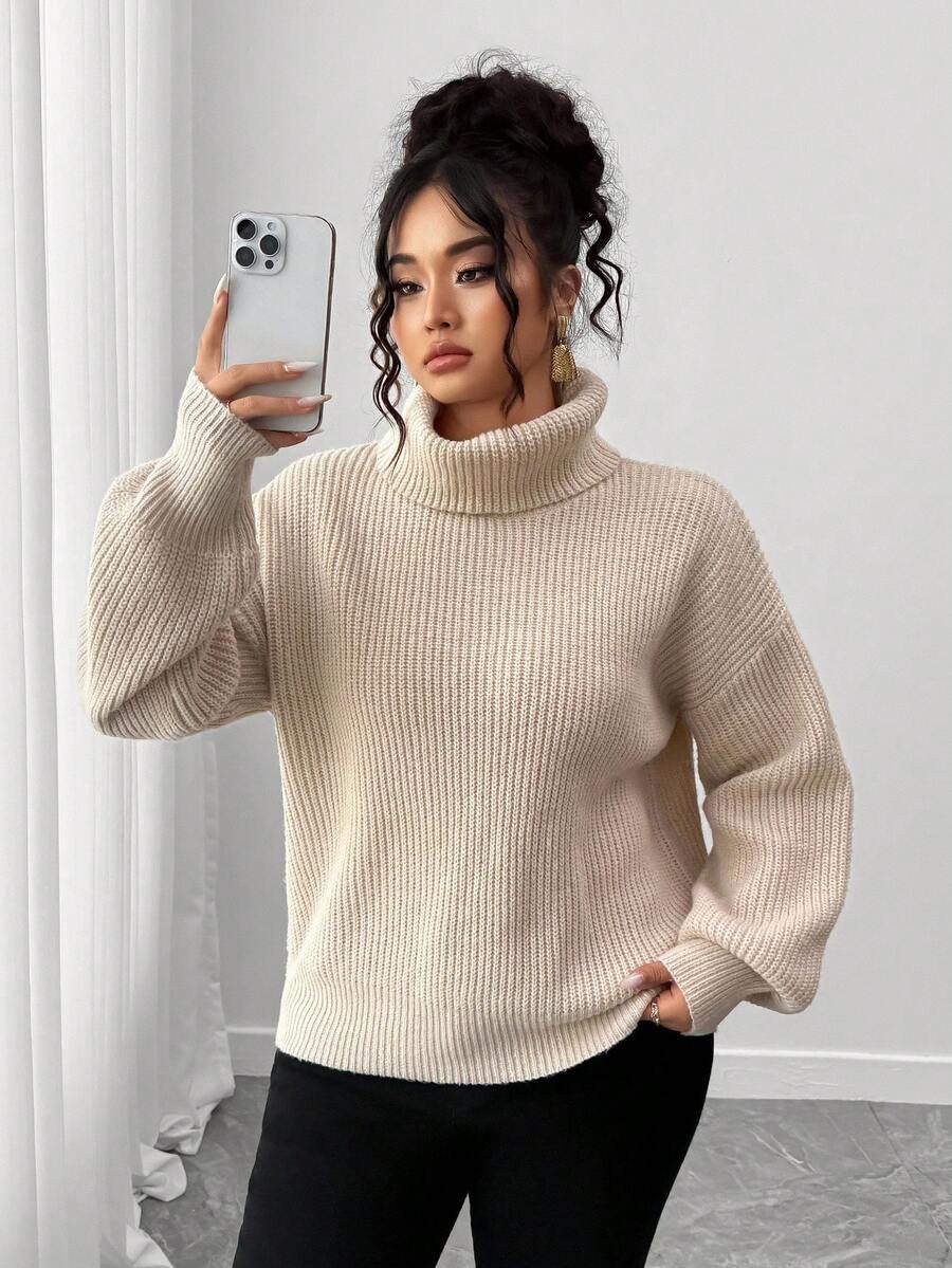 Elenzga Plus Size Women's Solid Color High Neck Dropped Shoulder Long Sleeve Casual Loose Sweater Fall Winter Cloth For Women Autumn - Apricot - View 1
