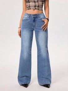 SHEIN EZwear Women's Casual Commute Daily Versatile Low-Waist Loose Flare Leg Jeans - Light Wash - View 4