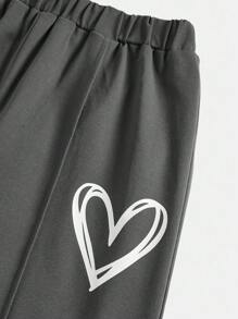 SHEIN Girlism Tween Girl Heart Print Crew Neck Long Sleeve T-Shirt And Wide Leg Pants Casual Set - Grey - View 3